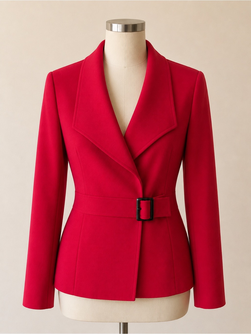 Tahari ASL Red Belted Blazer 6 Wrap Buckle Wide Lapel Animal Print Lining Career